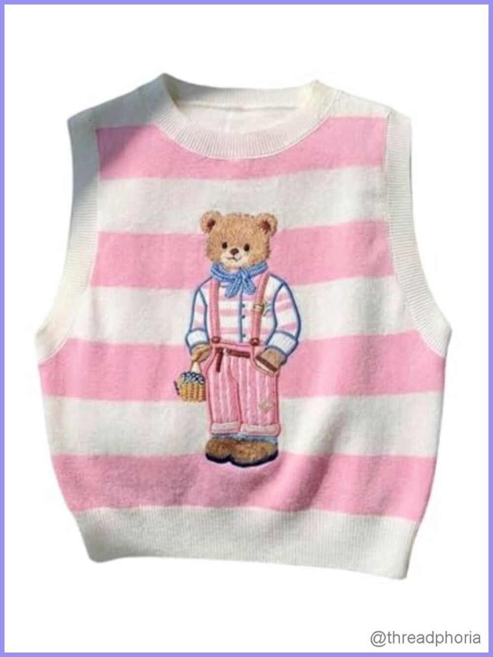 Striped Bear Embroidery Knit Sweater Vest Pullover